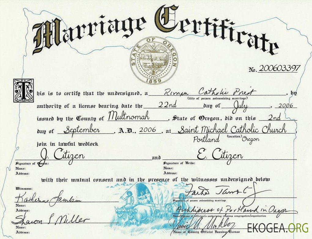 Acte de mariage aux États Unis et dans l'Oregon
